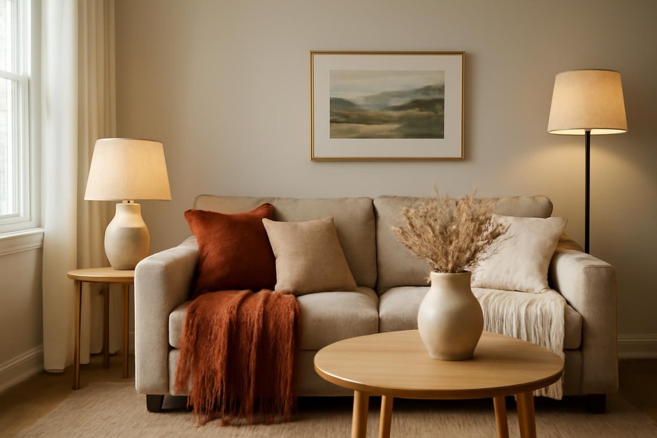 A cozy living room with seasonal throws, soft lamps, and a vase of dried flowers